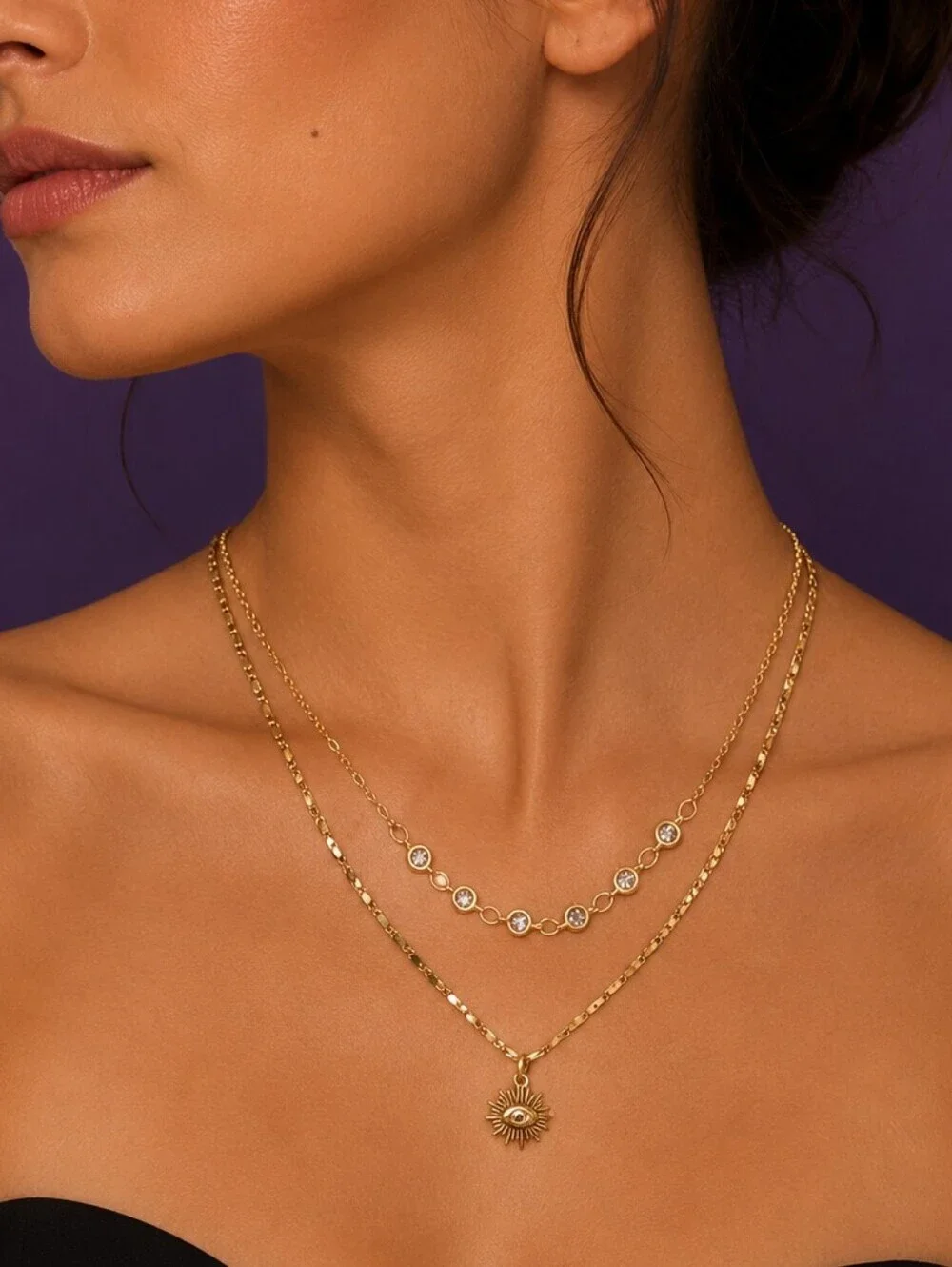 Dainty Gold Plated Layered Crystal Sun & Eye Harmony Pendant Chain Necklace